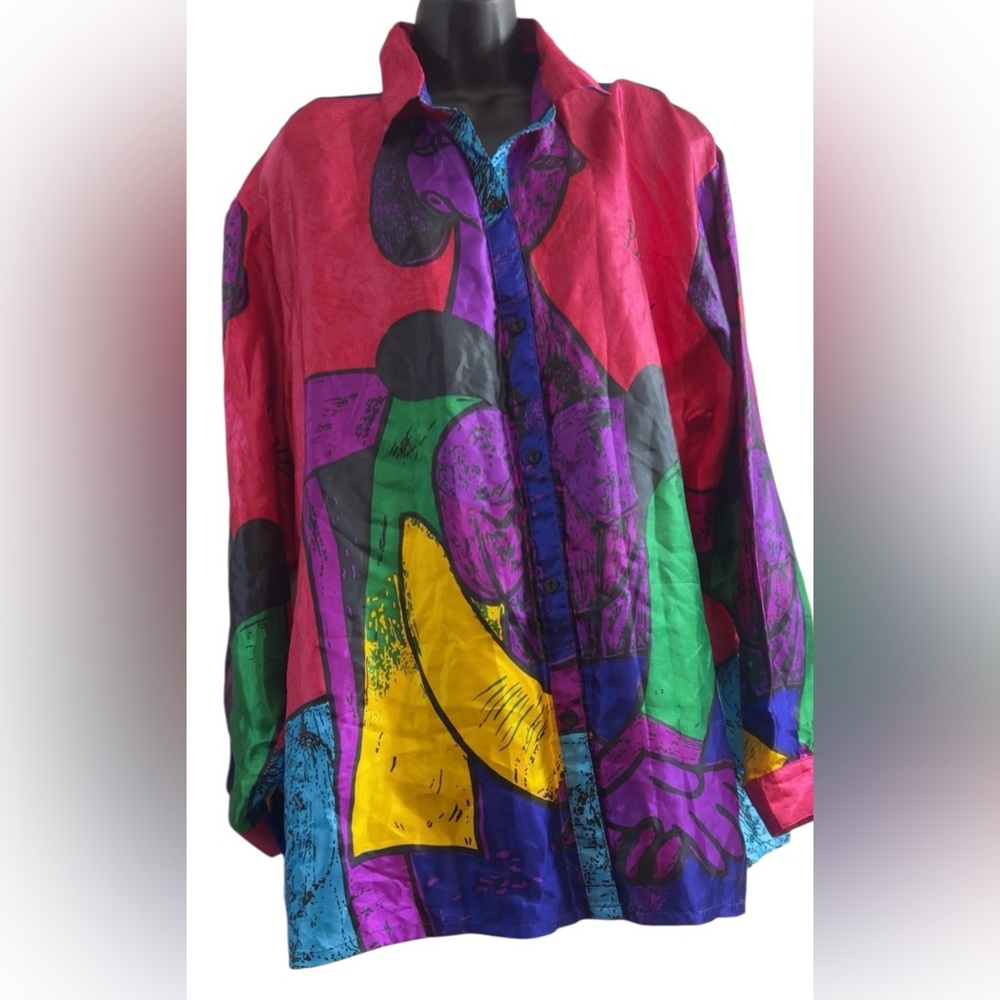 Vintage Picasso 1980s Satin Abstract Art shirt buttons up XXL MADE IN KOREA - Picture 8 of 12